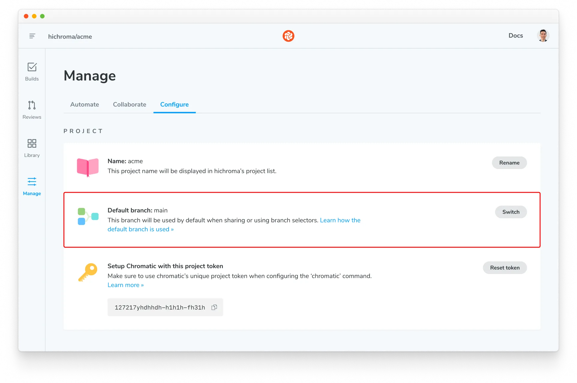 Manage page for a project with the "Configure Tab" selected. The default branch configuration is in the project section.